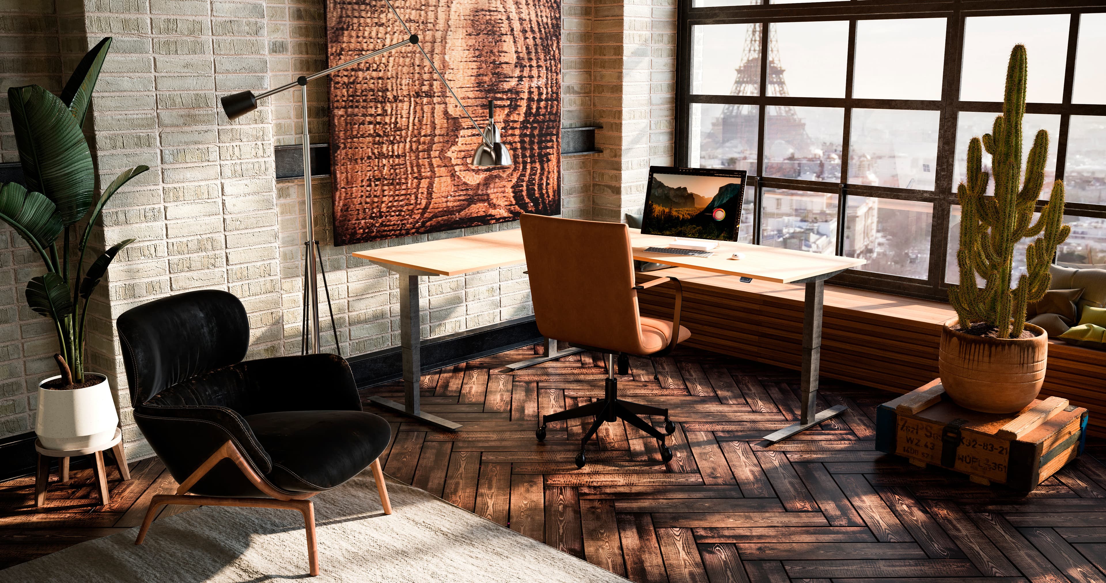 Corner desk infront of large window on a sunny day