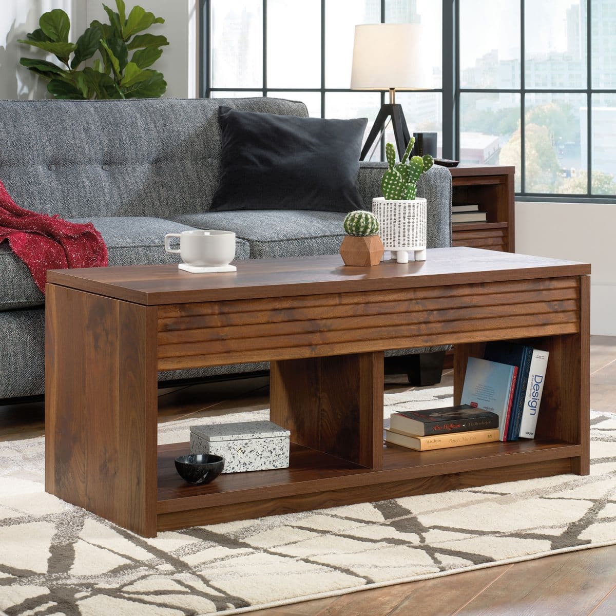 Rectangular brown coffee table in living room setting