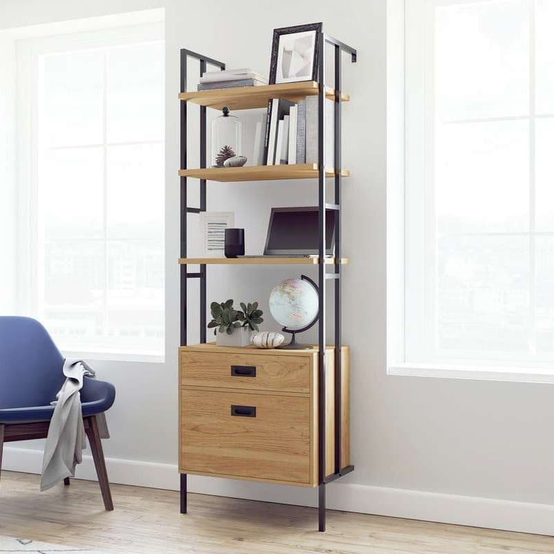 a room with a chair and a book shelf