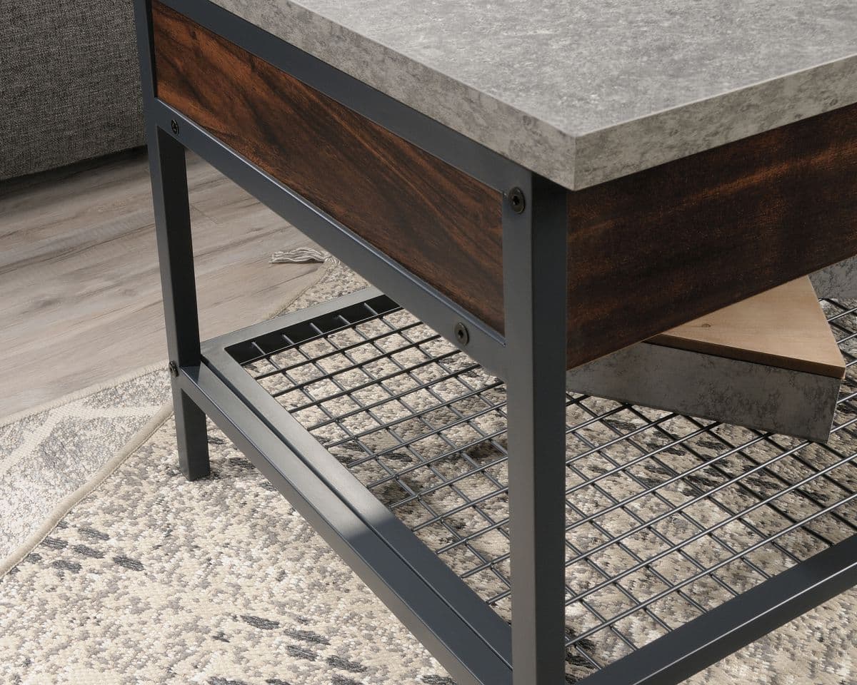 a table with a metal grate underneath it