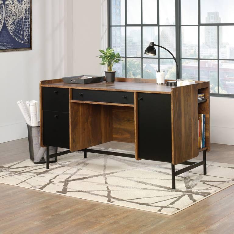 a wooden desk with a black and brown desk top