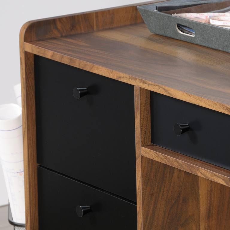 a close up of a wooden cabinet with drawers