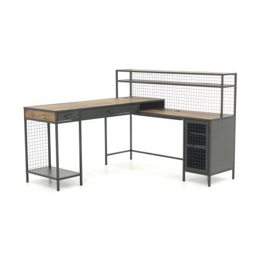 a computer desk with a shelf and a shelf