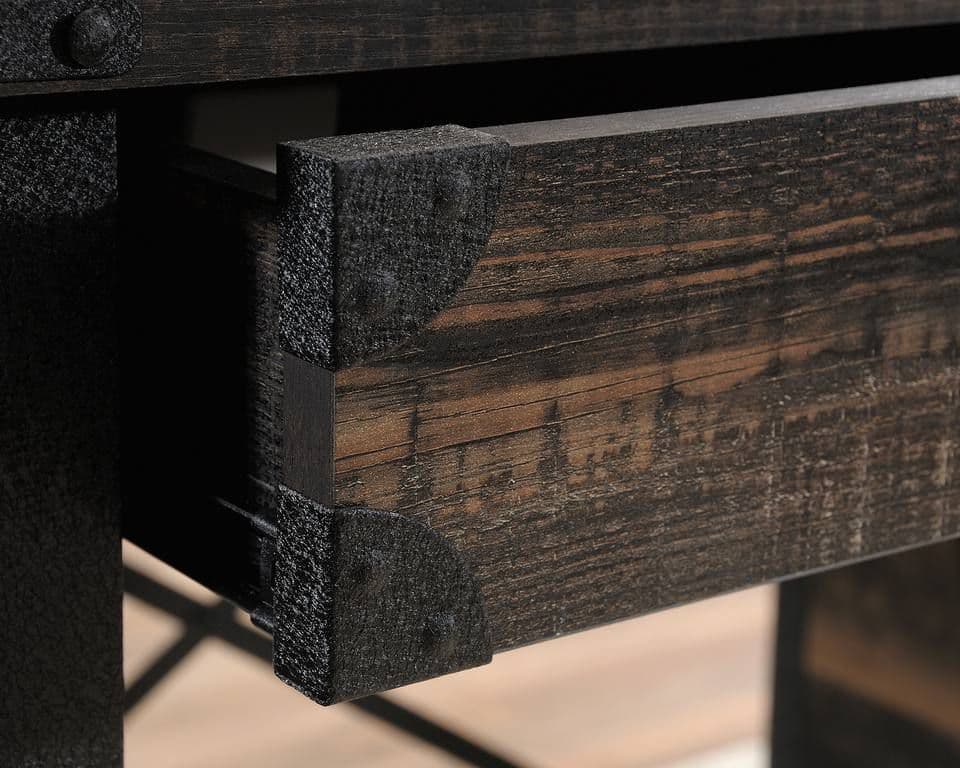 a close up of a wooden table with metal legs