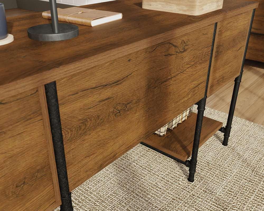 a wooden desk with metal legs and a wooden desk top