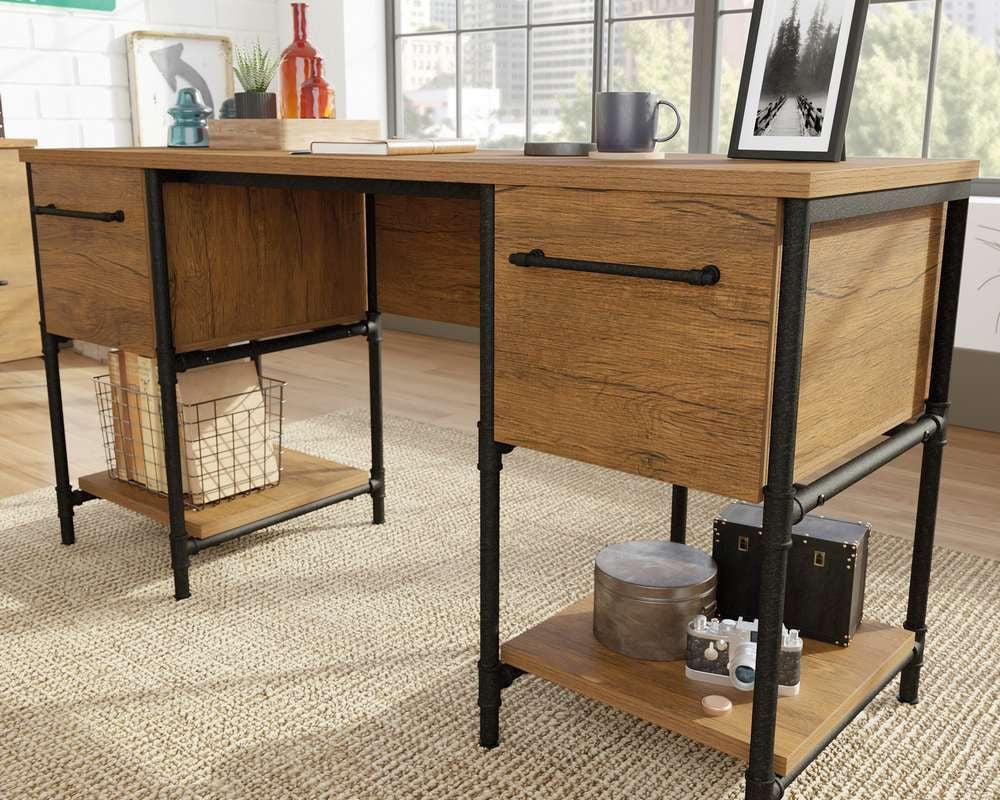 a wooden desk with two drawers and a shelf