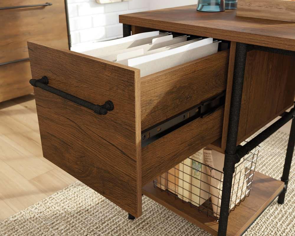 a desk with a drawer and a file cabinet