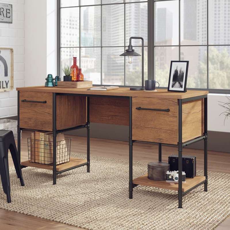 a wooden desk with a metal frame and drawers