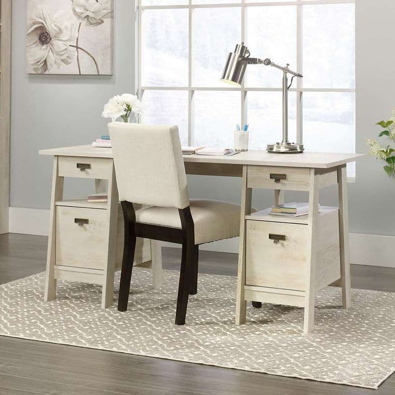 a white desk with two drawers and a chair