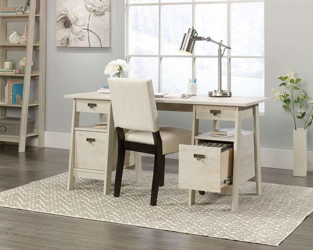 a white desk with two drawers and a chair