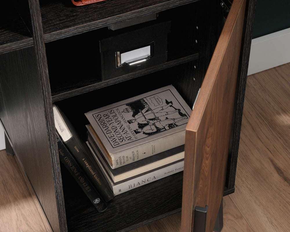 a book shelf with a bunch of books on top of it