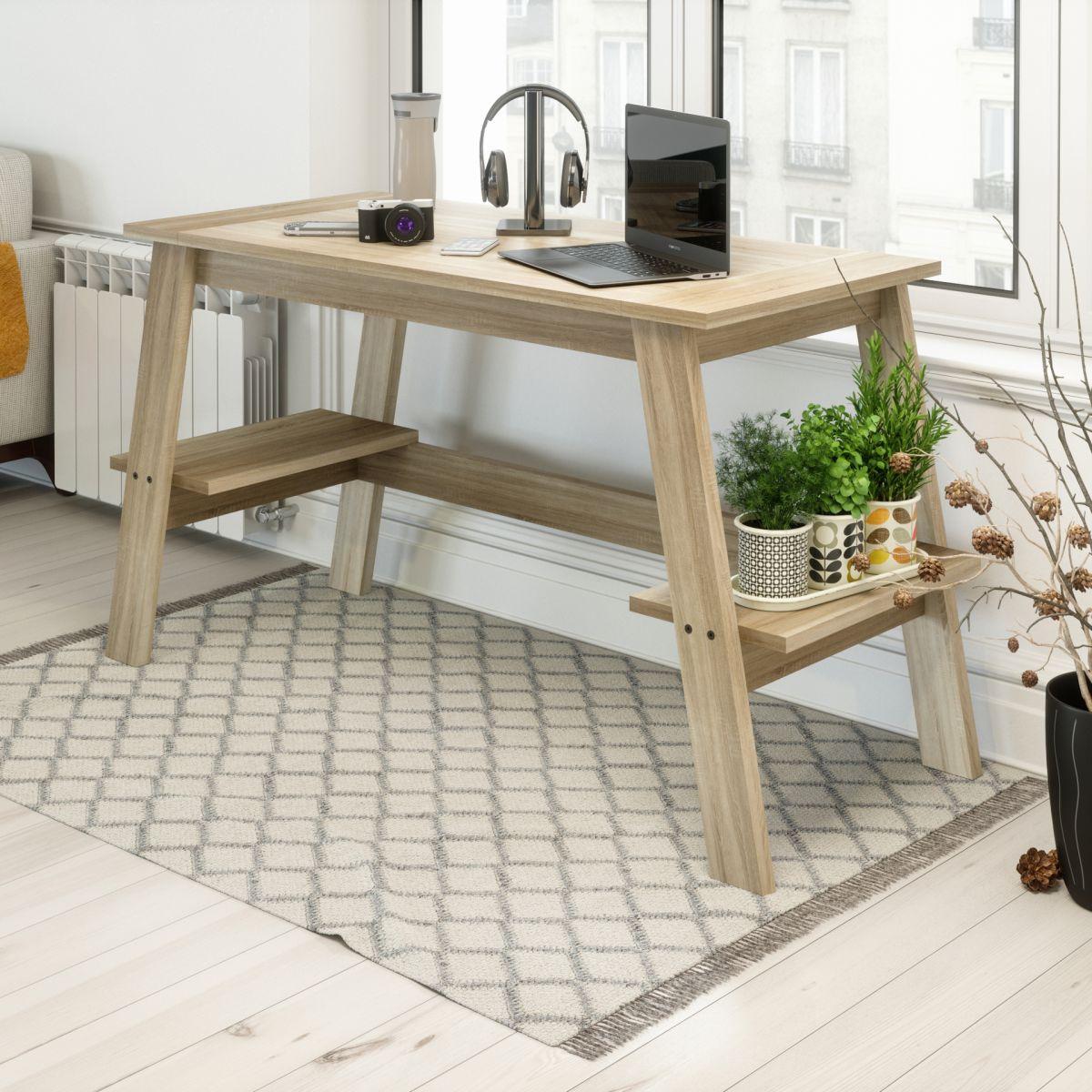 a desk with a laptop and a potted plant