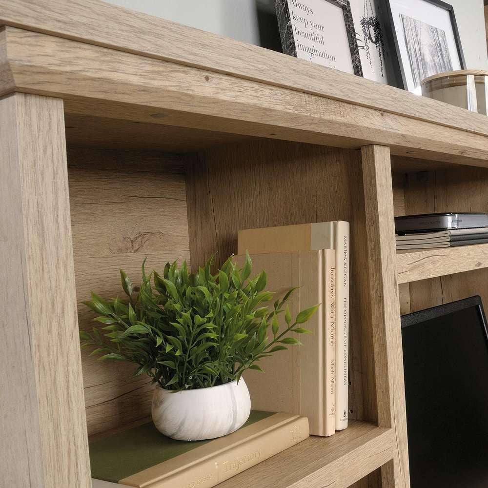 a book shelf with a potted plant on top of it