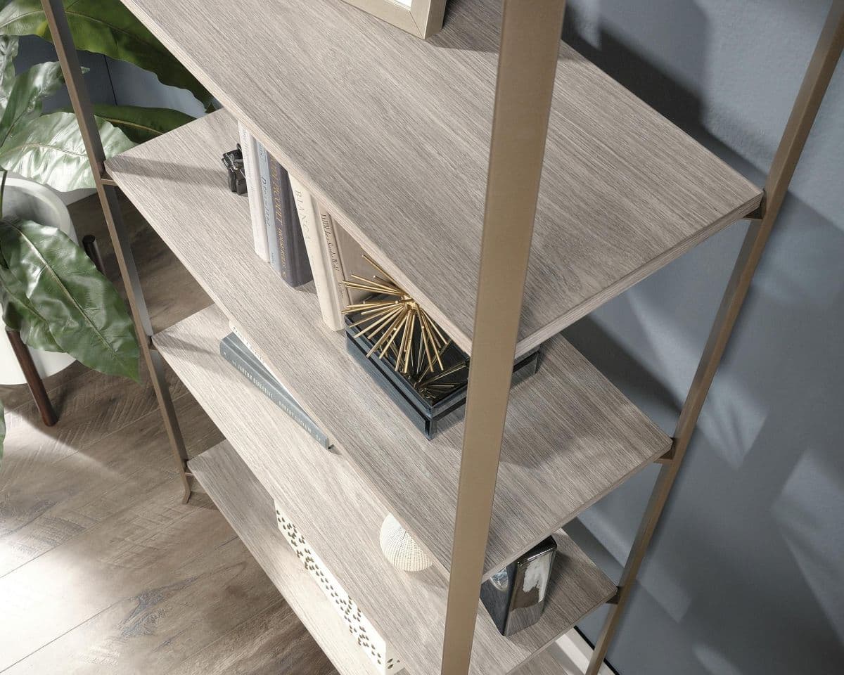 a bookshelf with books and a plant on top of it