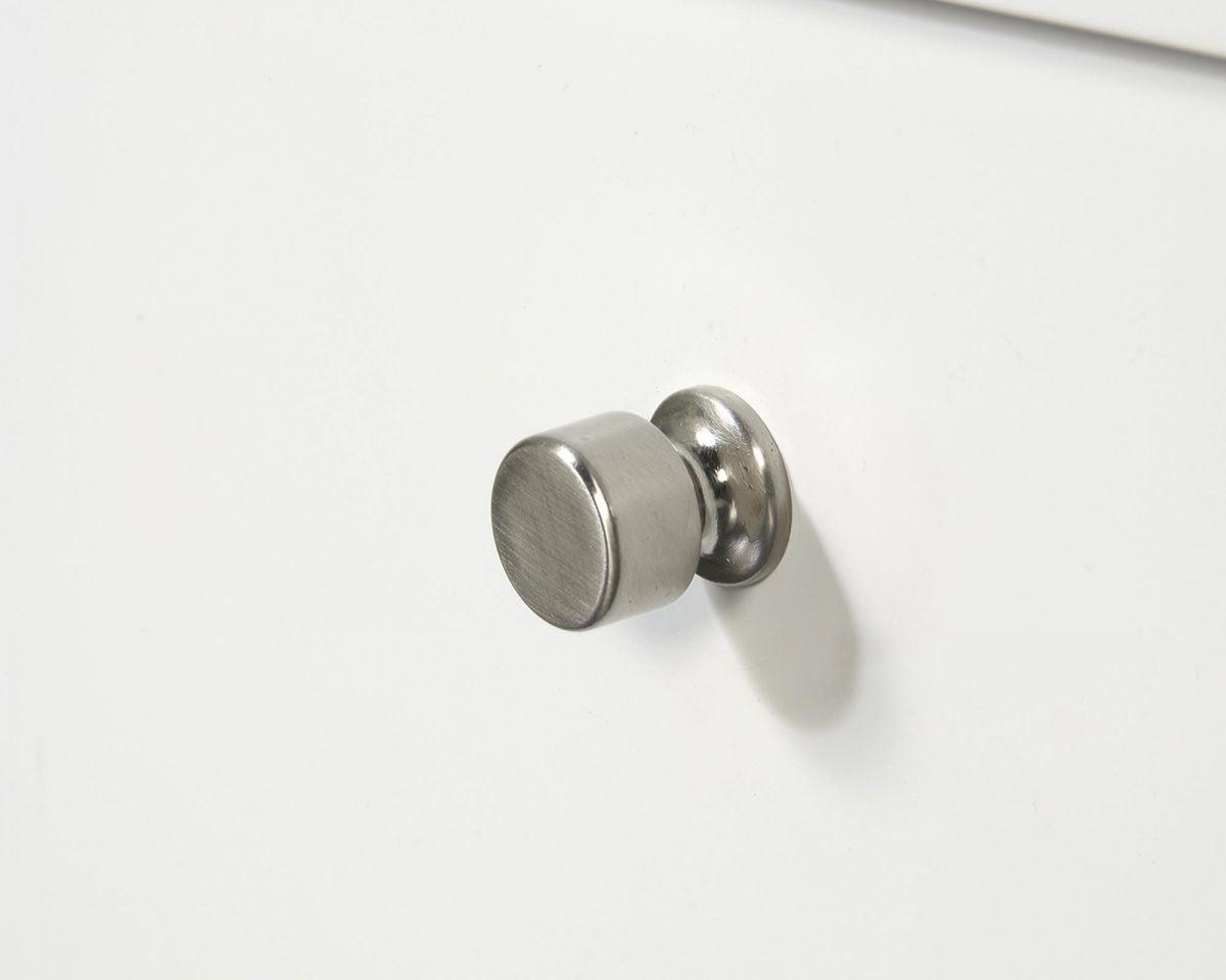 a close up of a door handle on a white cabinet