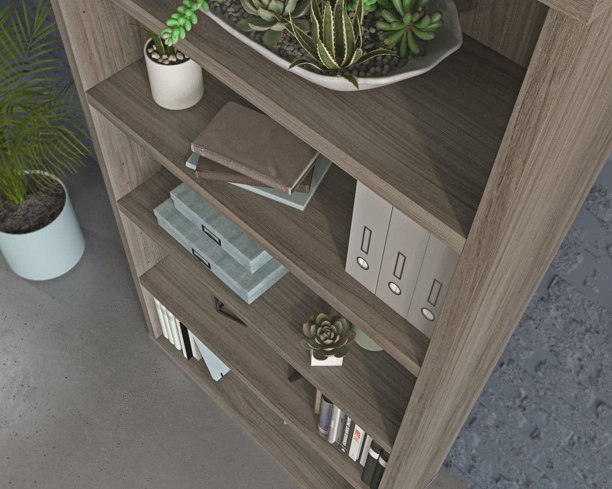 a book shelf with a plant on top of it