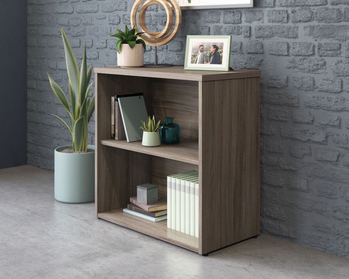 a book shelf with a potted plant on top of it