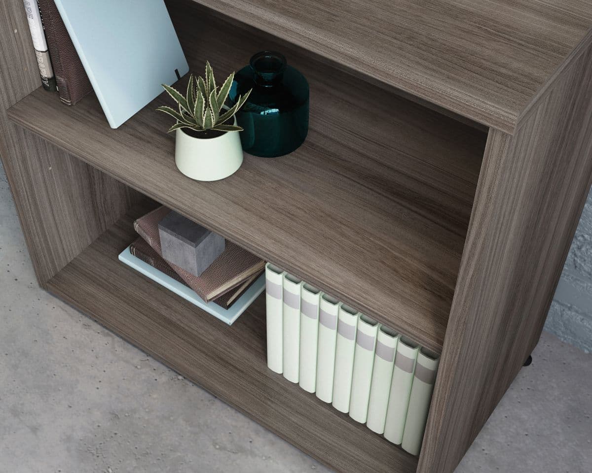 a book shelf with a potted plant on top of it