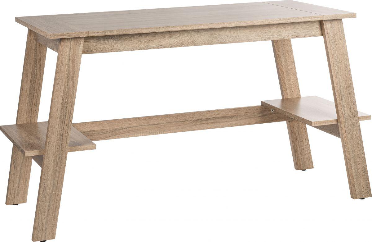 a wooden table with a shelf underneath it