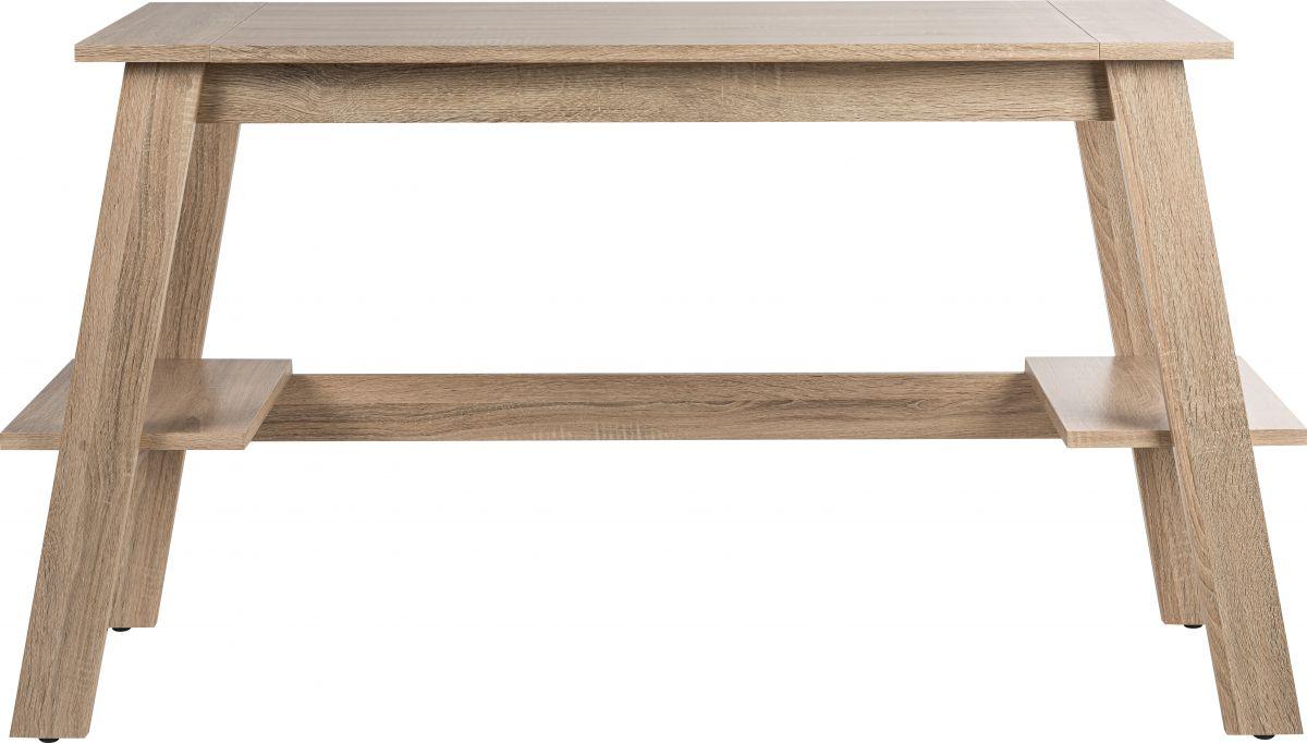 a wooden table with a shelf underneath it