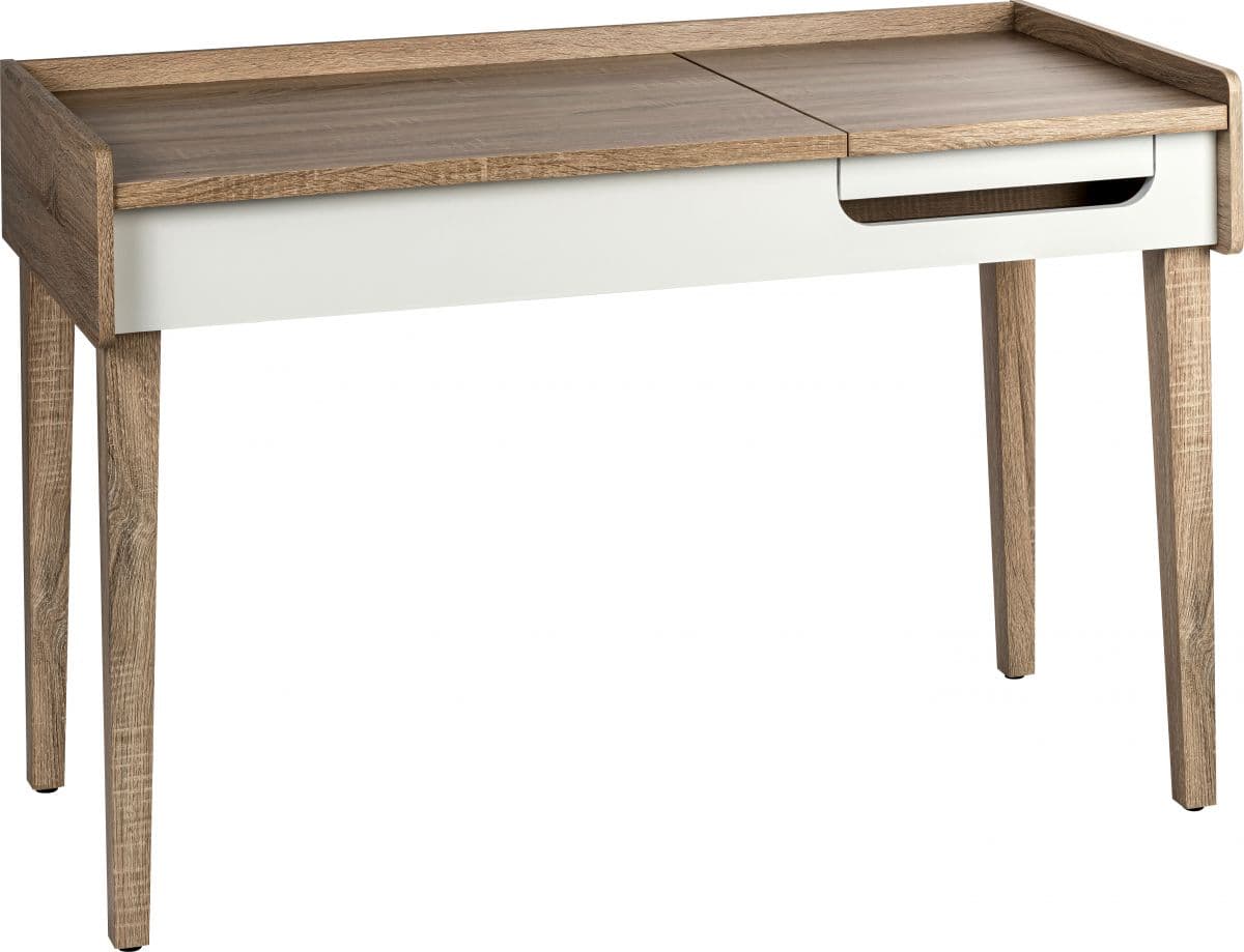 a white and wood desk with a drawer