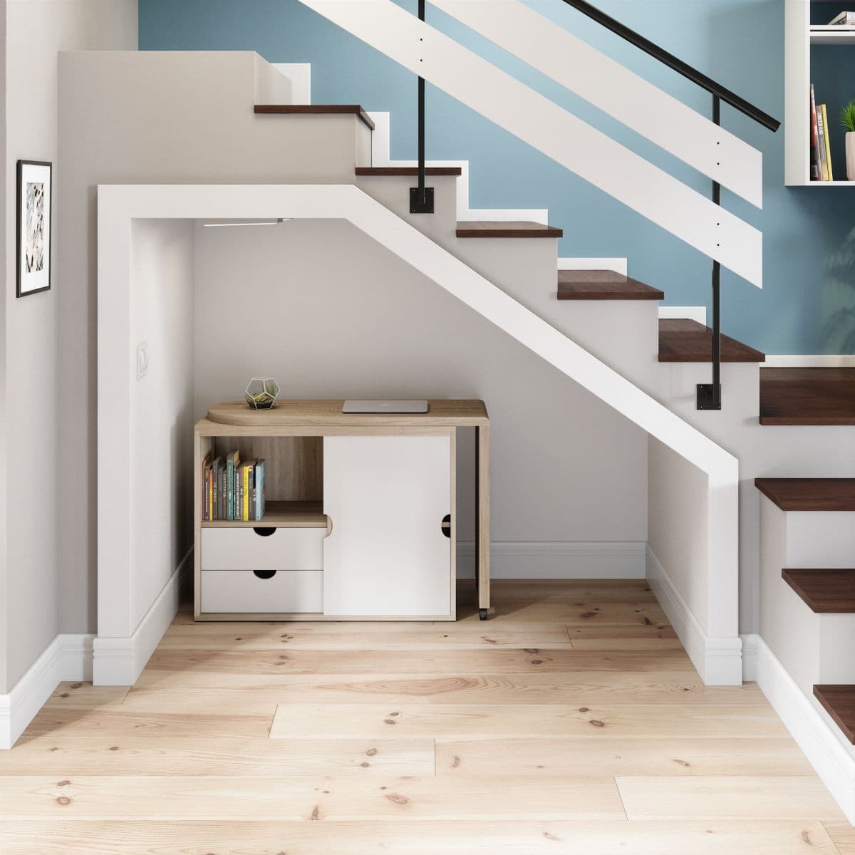 a room with a book shelf under a stair case