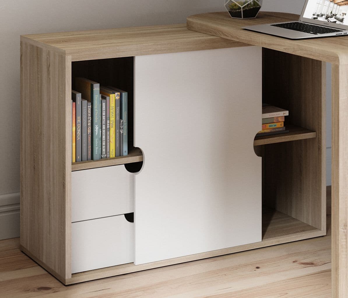 a desk with a book shelf and a laptop on it