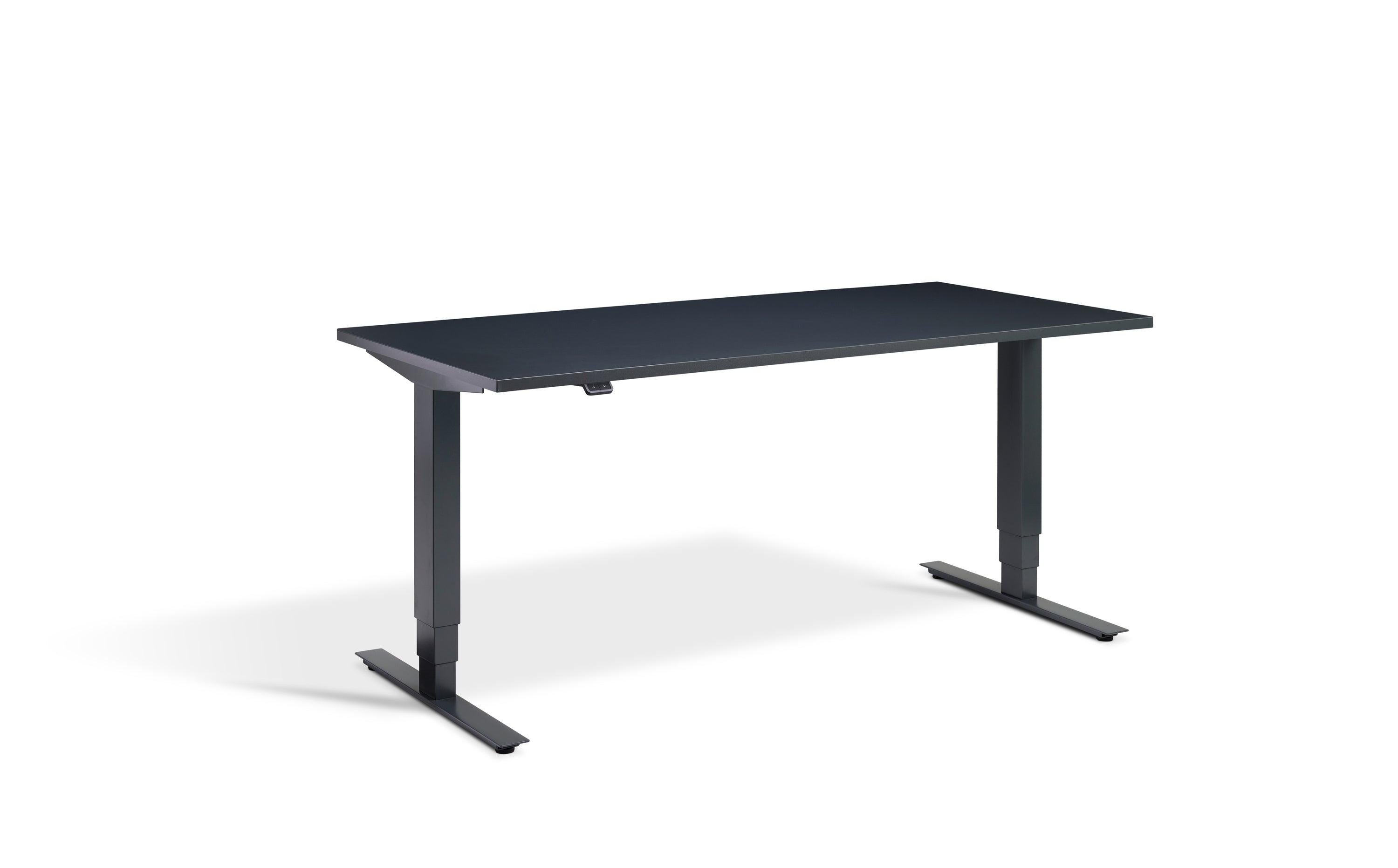 a desk with a black top and a black base