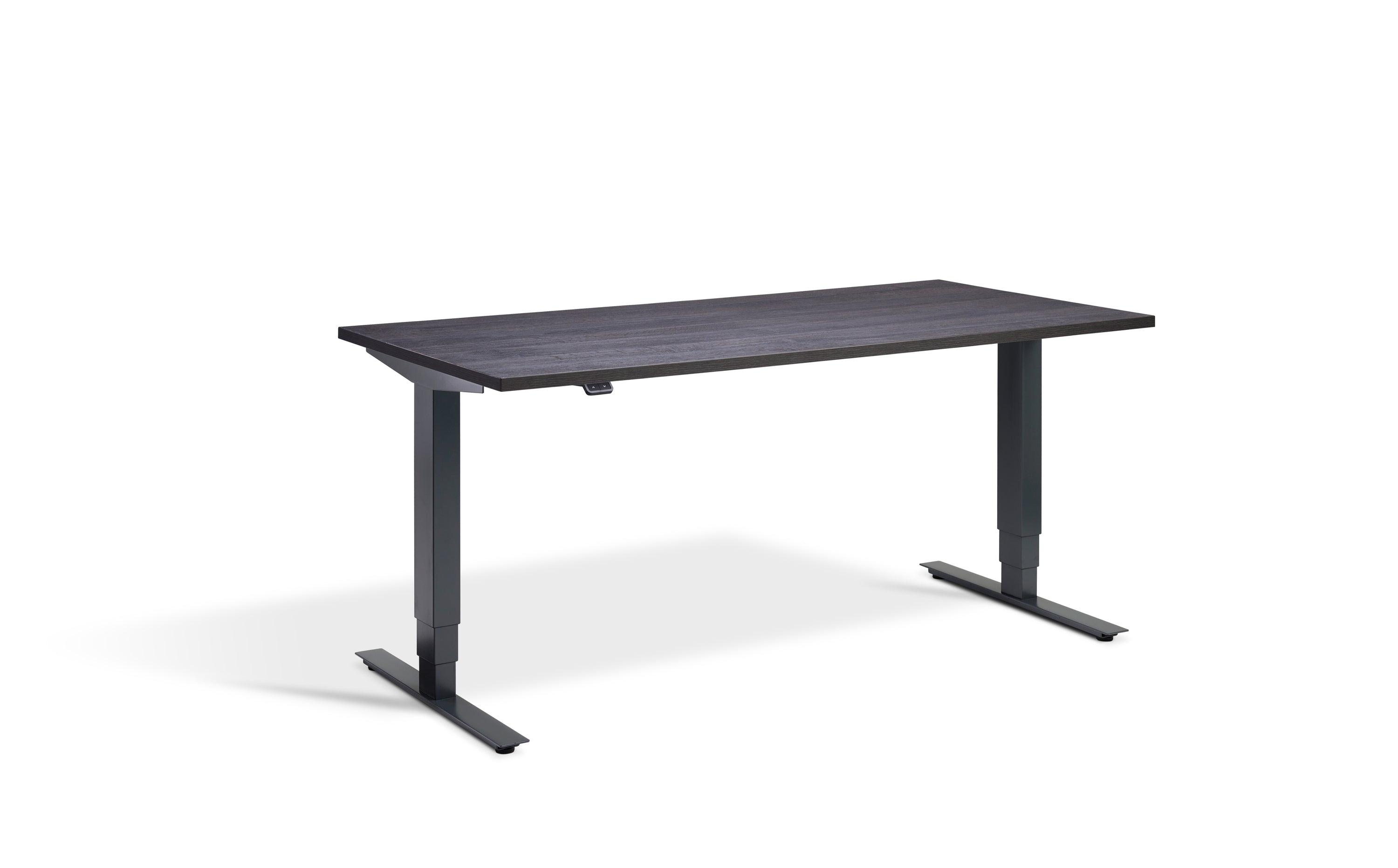 a desk with a black top and metal legs