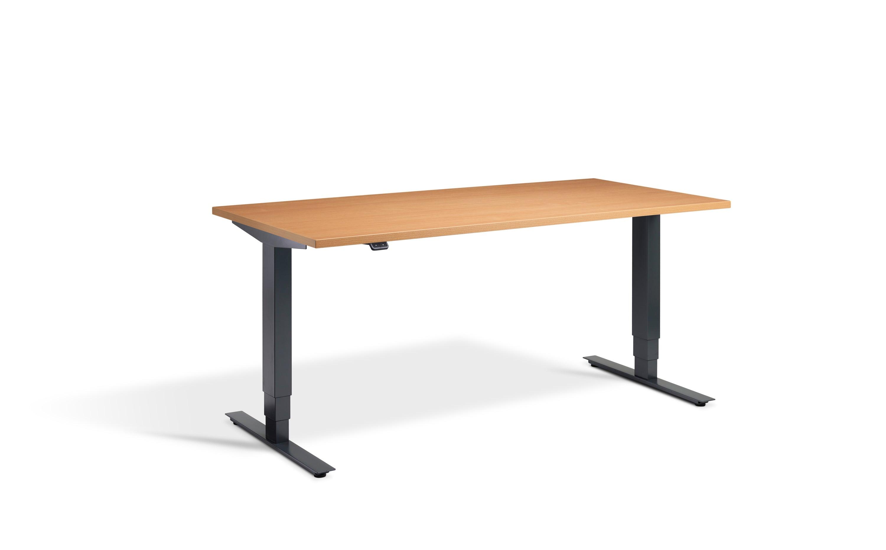 a desk with a wooden top and black legs