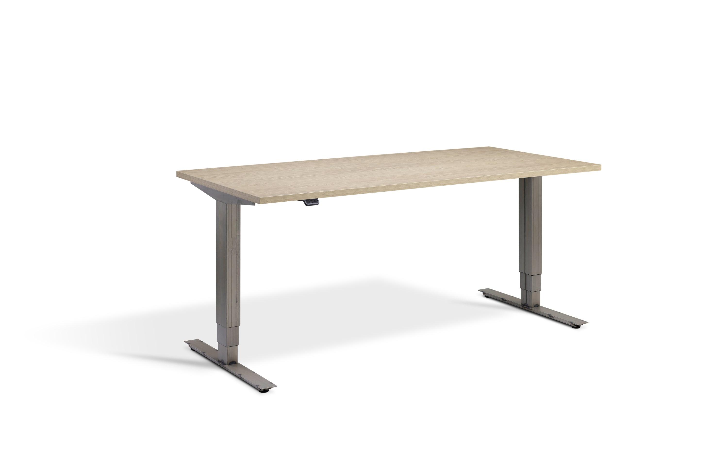 a wooden desk with a metal frame