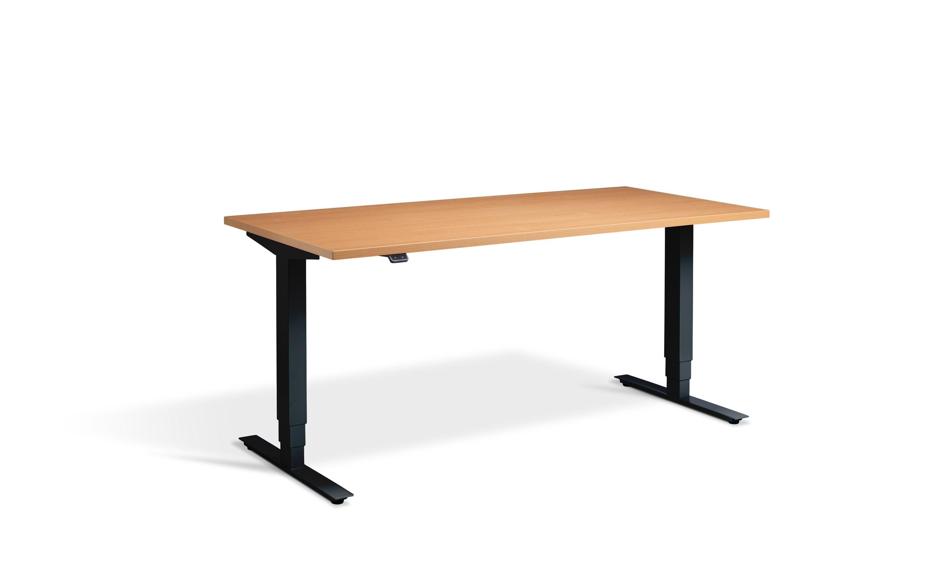 a wooden desk with black legs and a white background