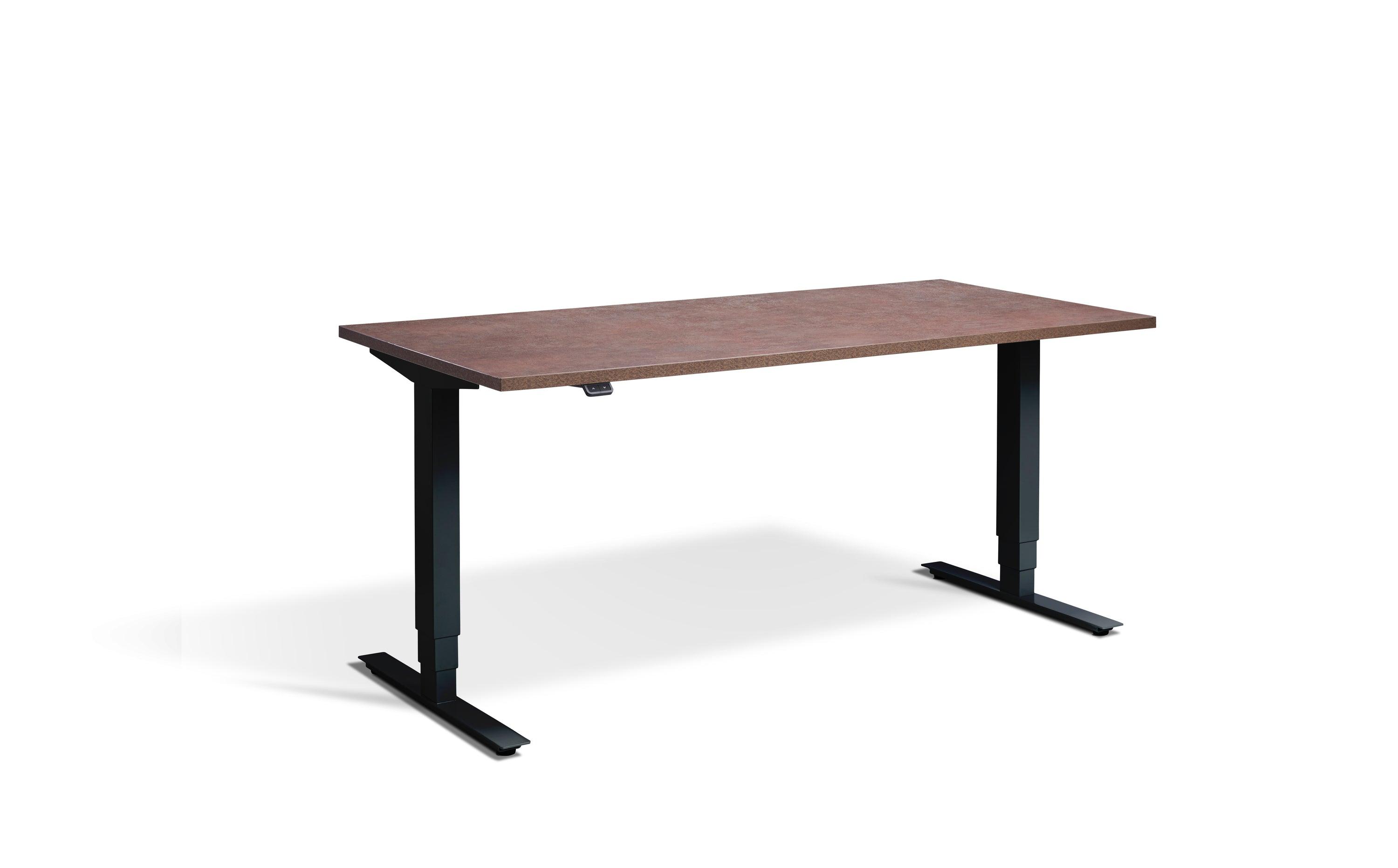 a desk with a wooden top and black legs