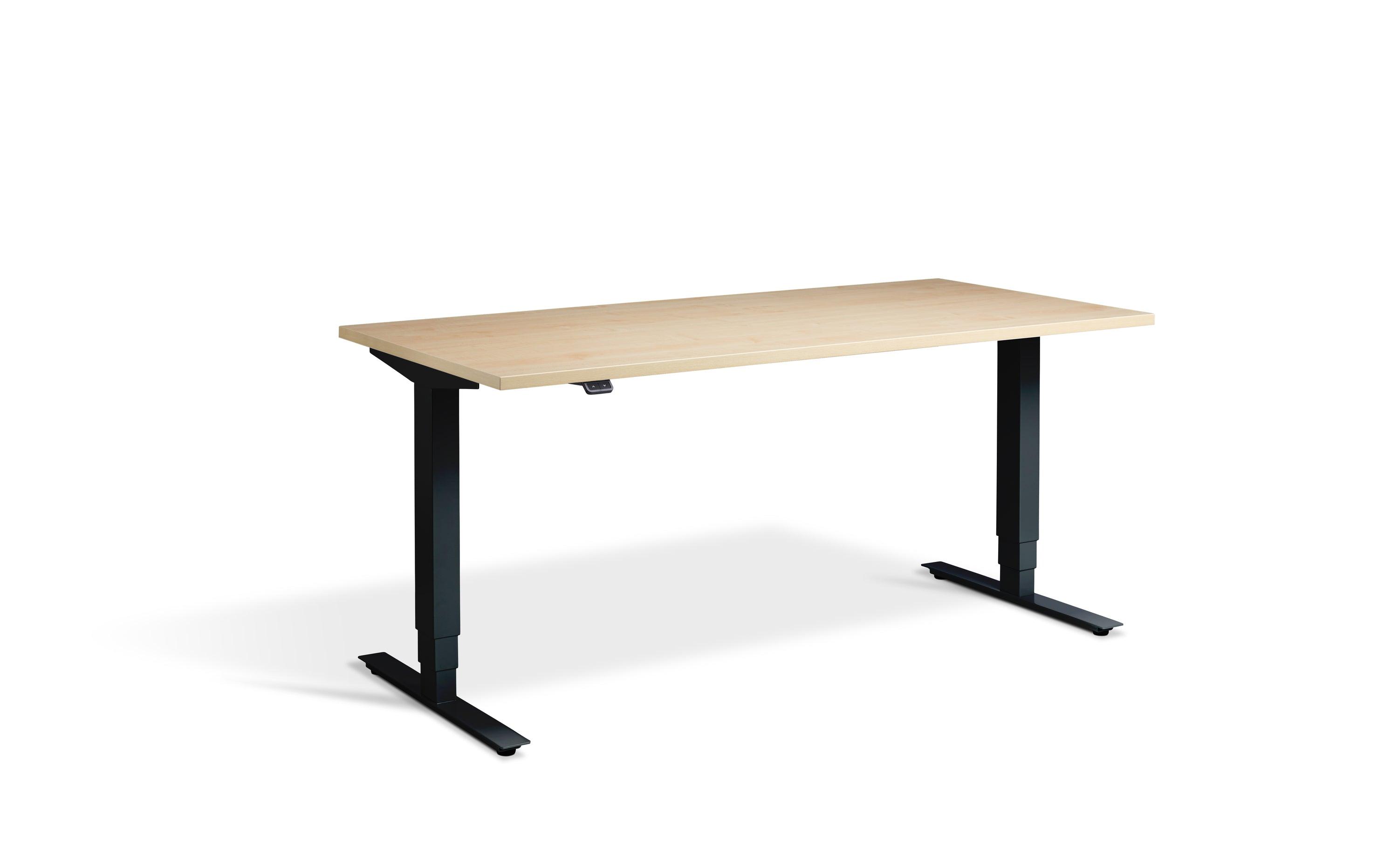 a wooden desk with black legs and a white background