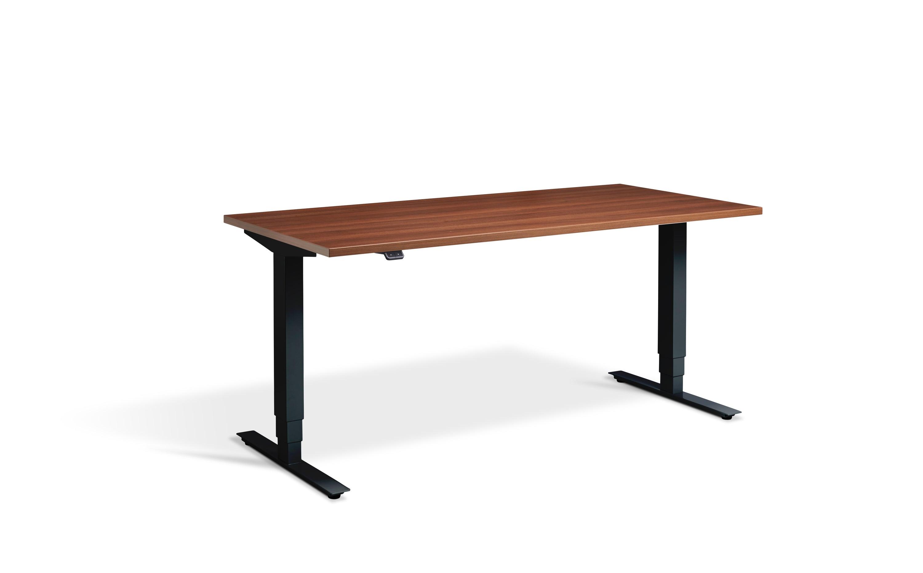 a desk with a wooden top and black legs