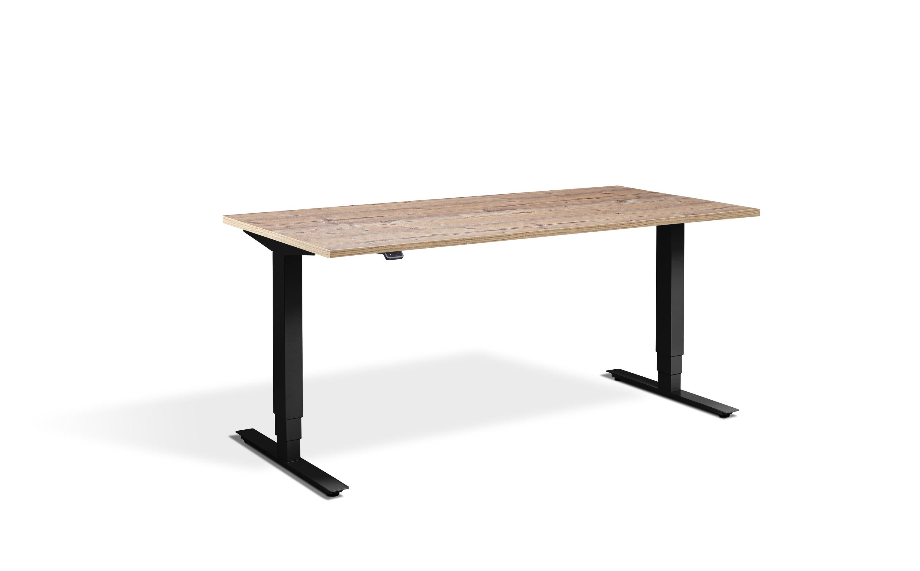 a wooden desk with black legs and a wooden top