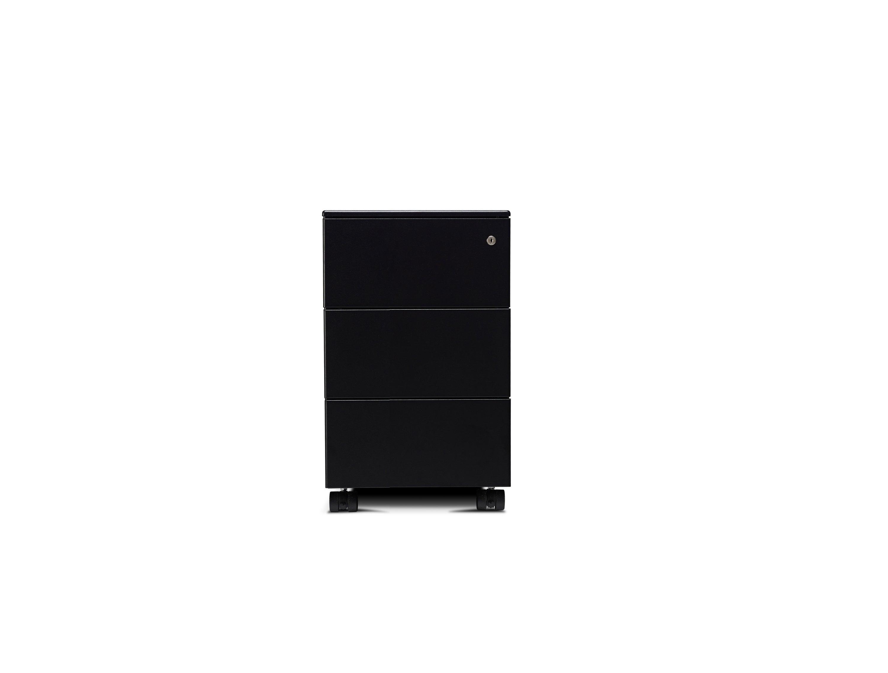 a black cabinet with three drawers on top of it