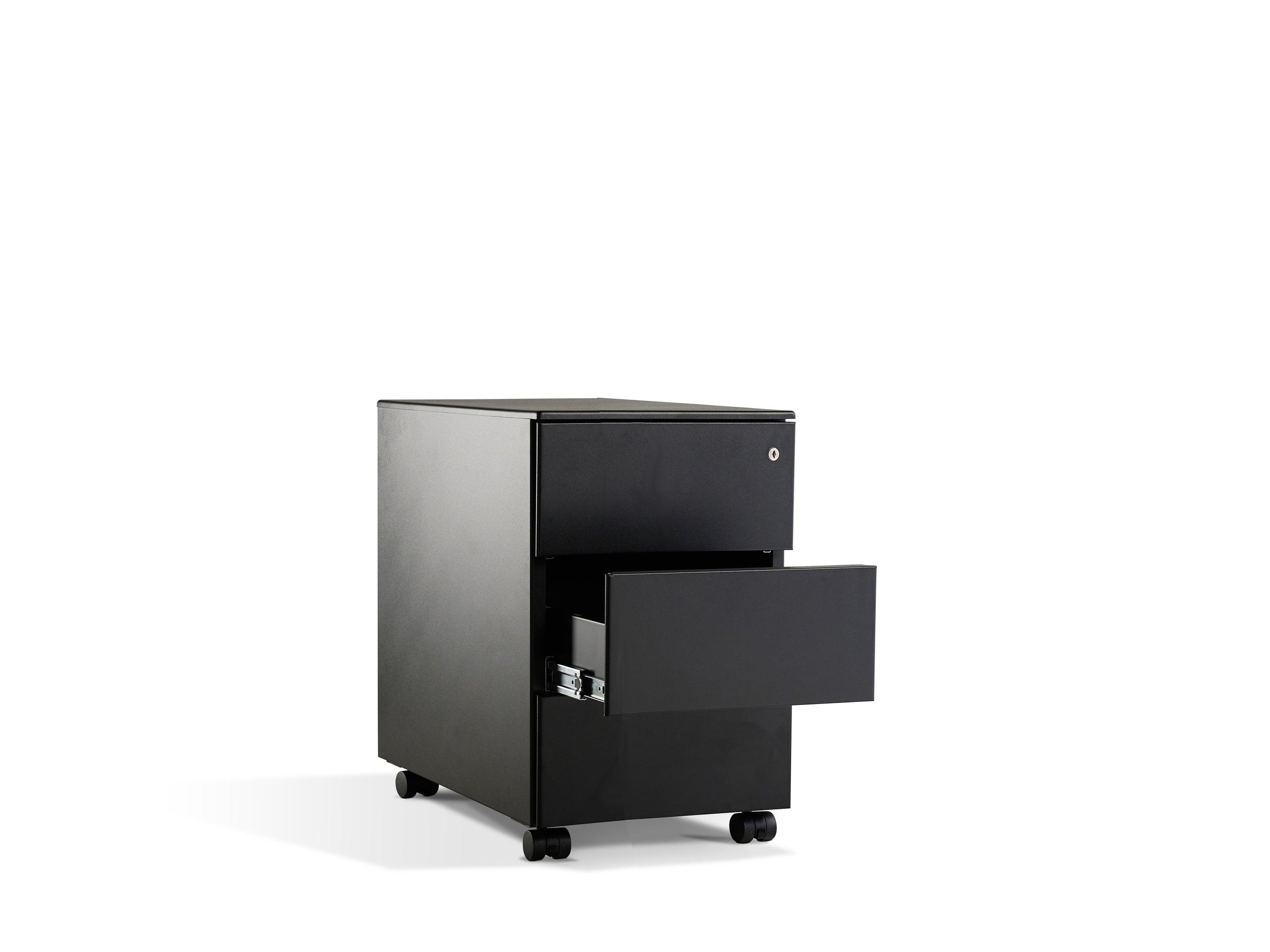 a black cabinet with a drawer on wheels