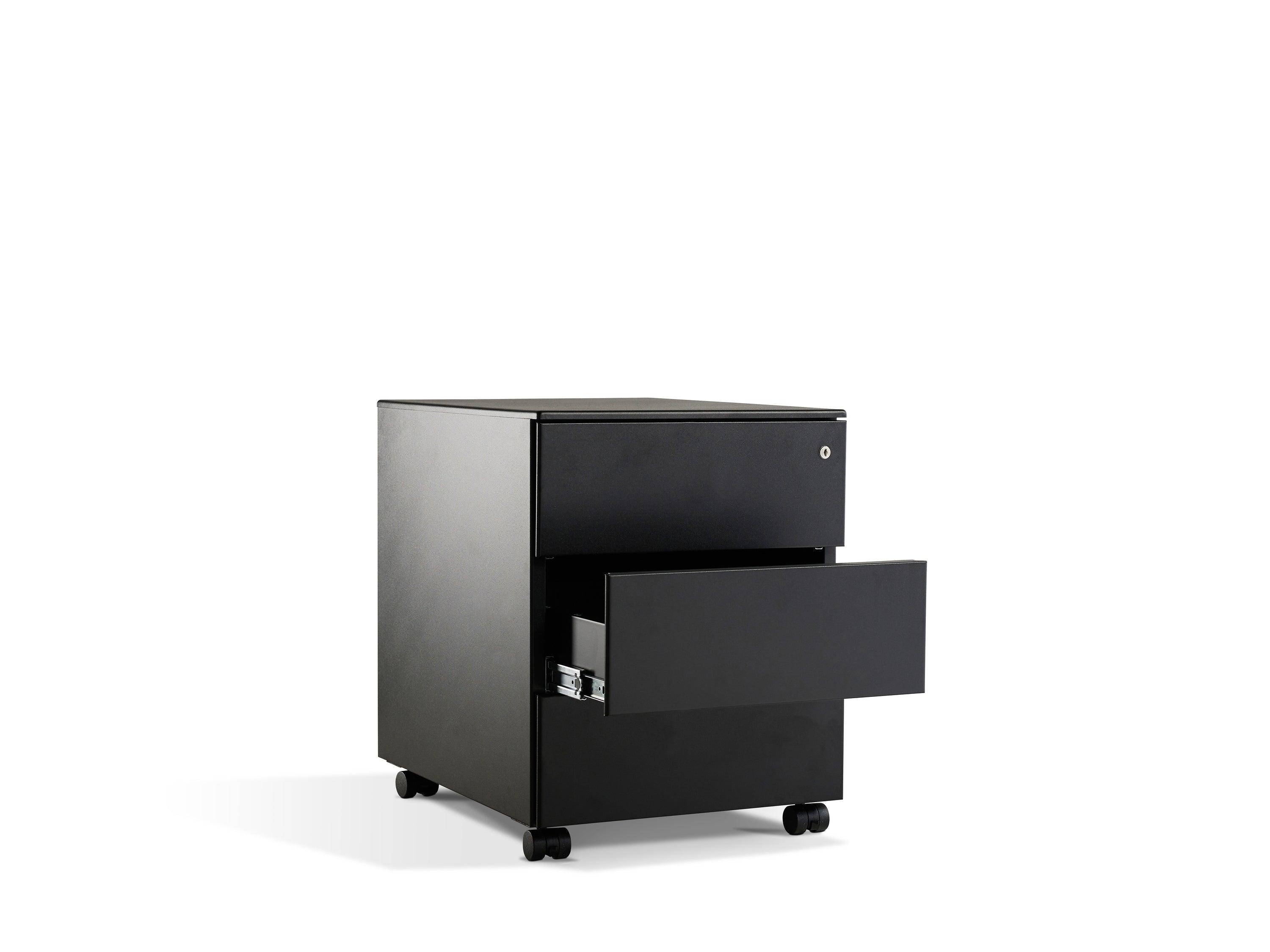 a black filing cabinet with a drawer on wheels