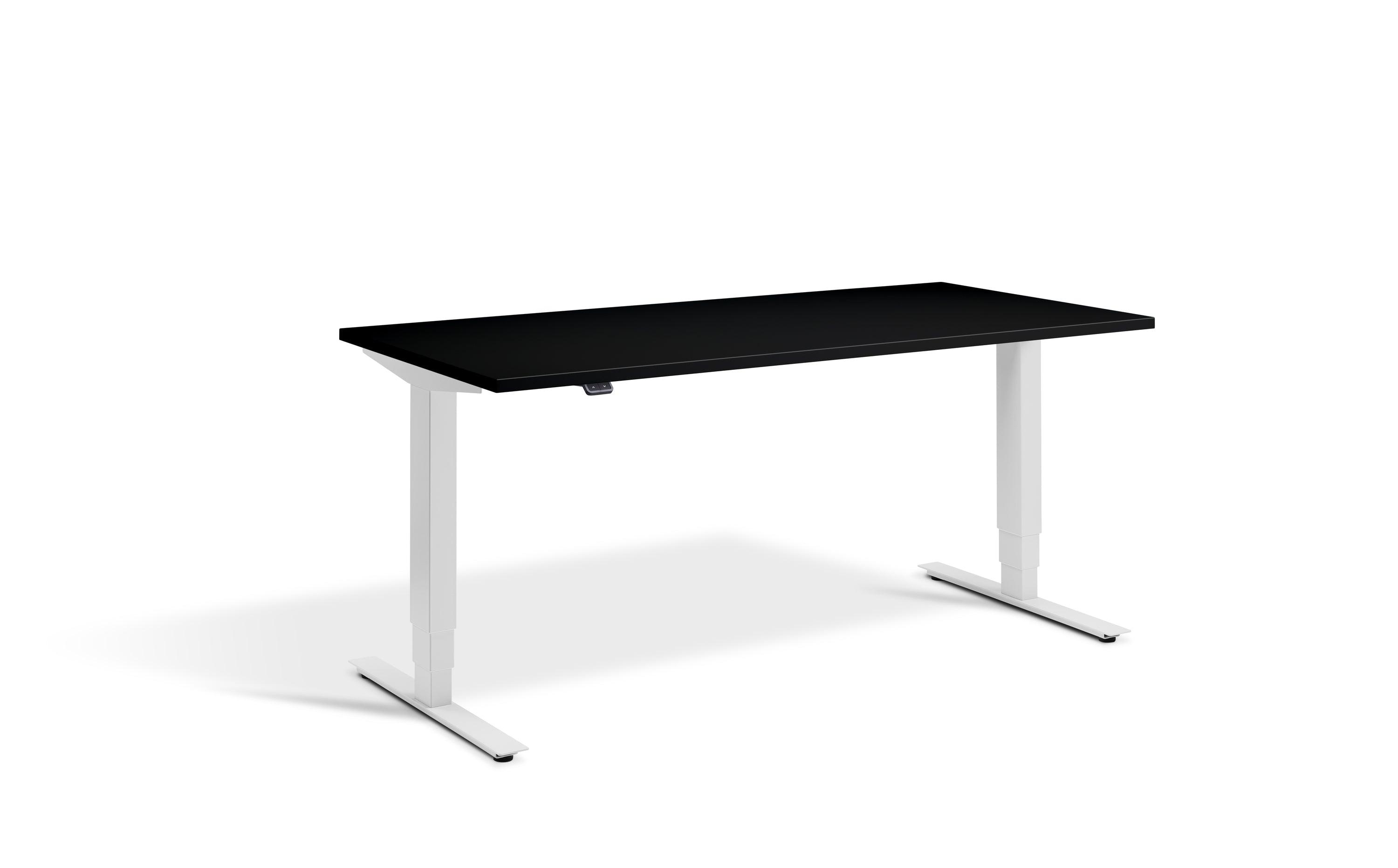 a computer desk with a black top and white legs