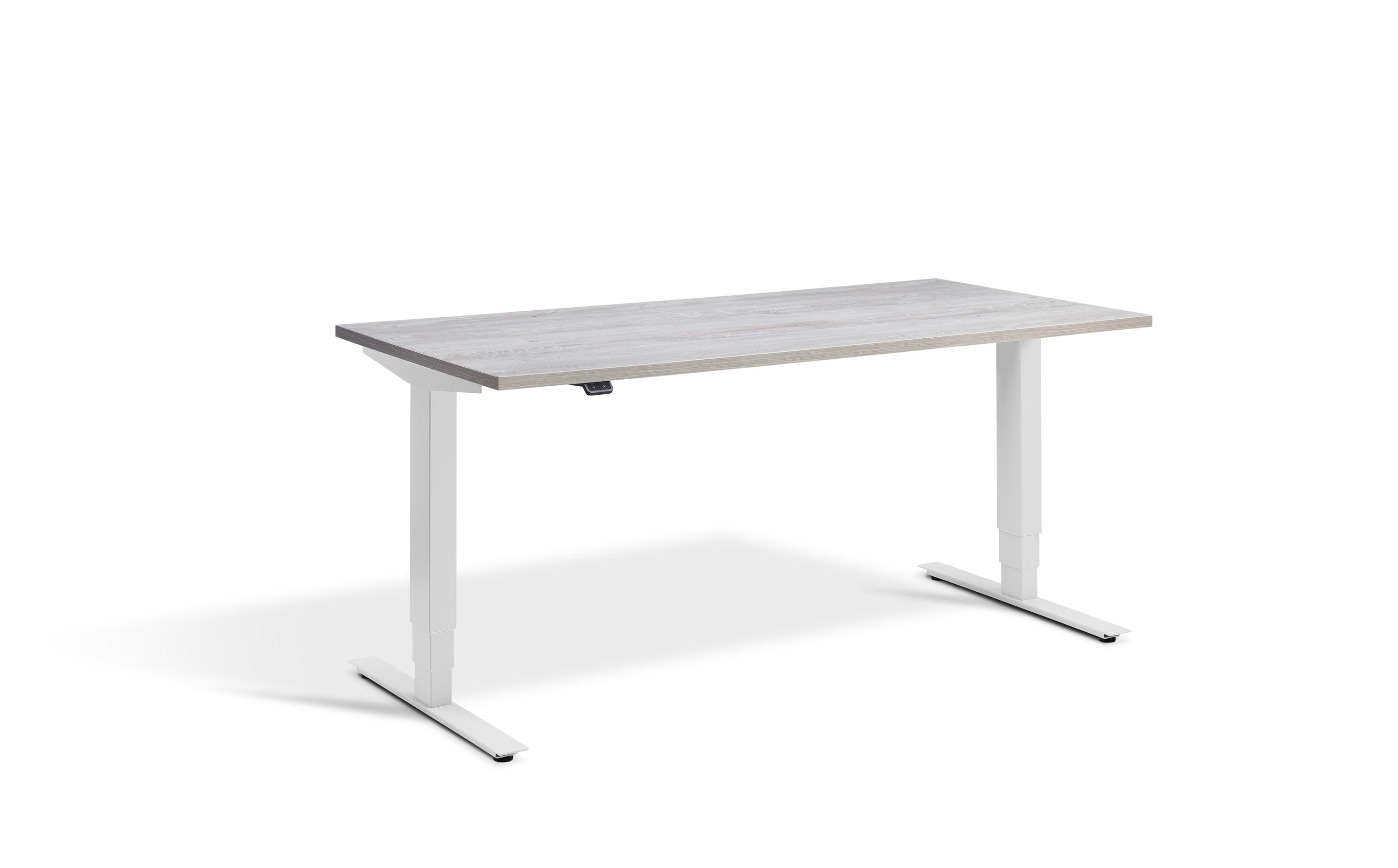 a white desk with a wooden top and metal legs