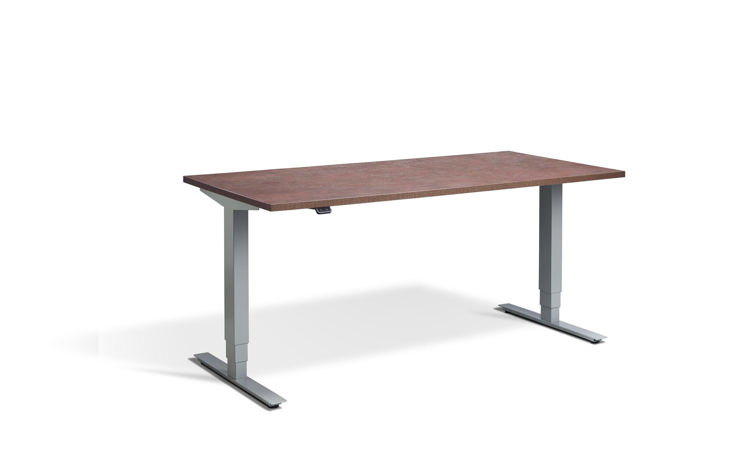 a wooden desk with metal legs on a white background