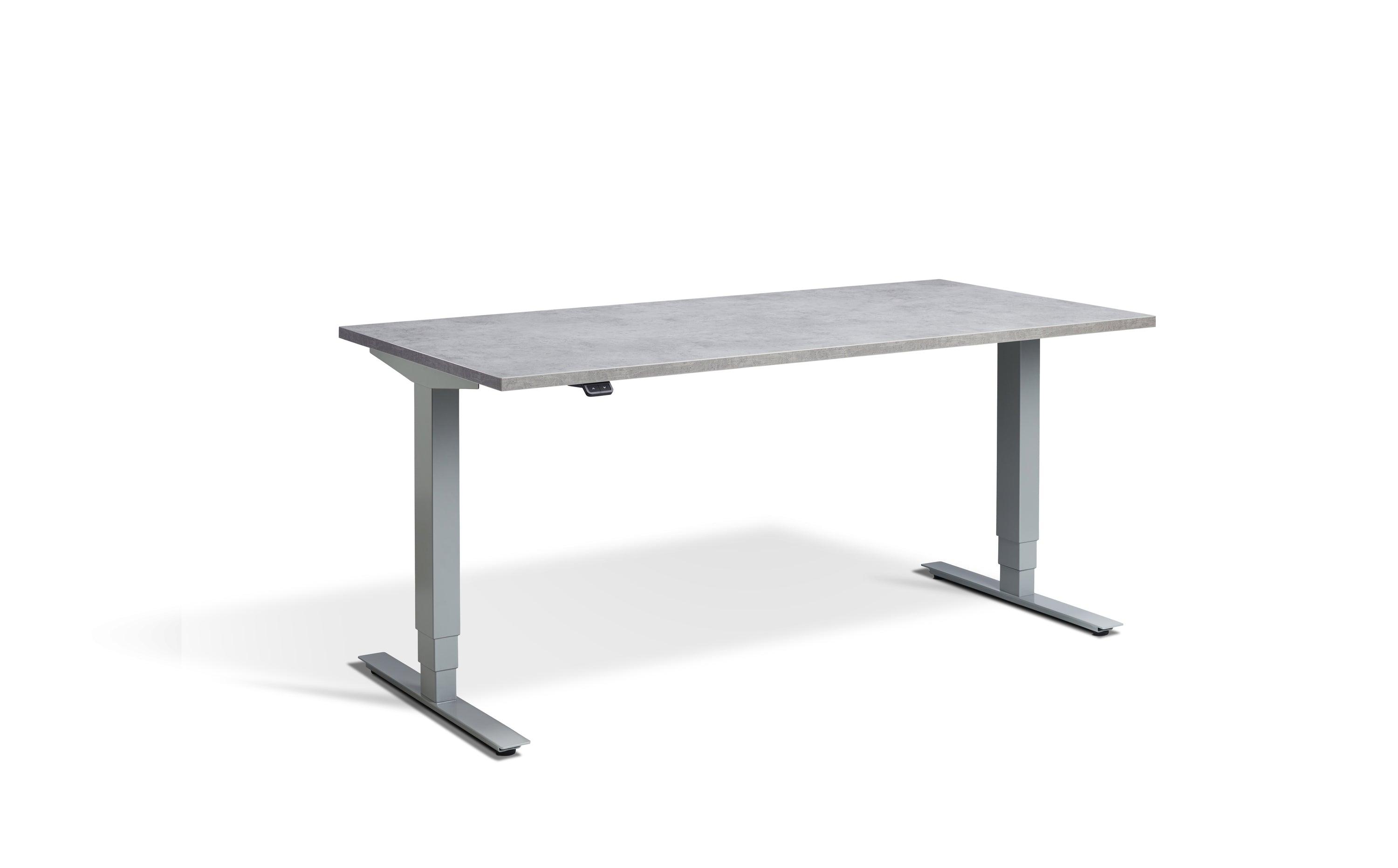 a desk with a metal frame and a white background