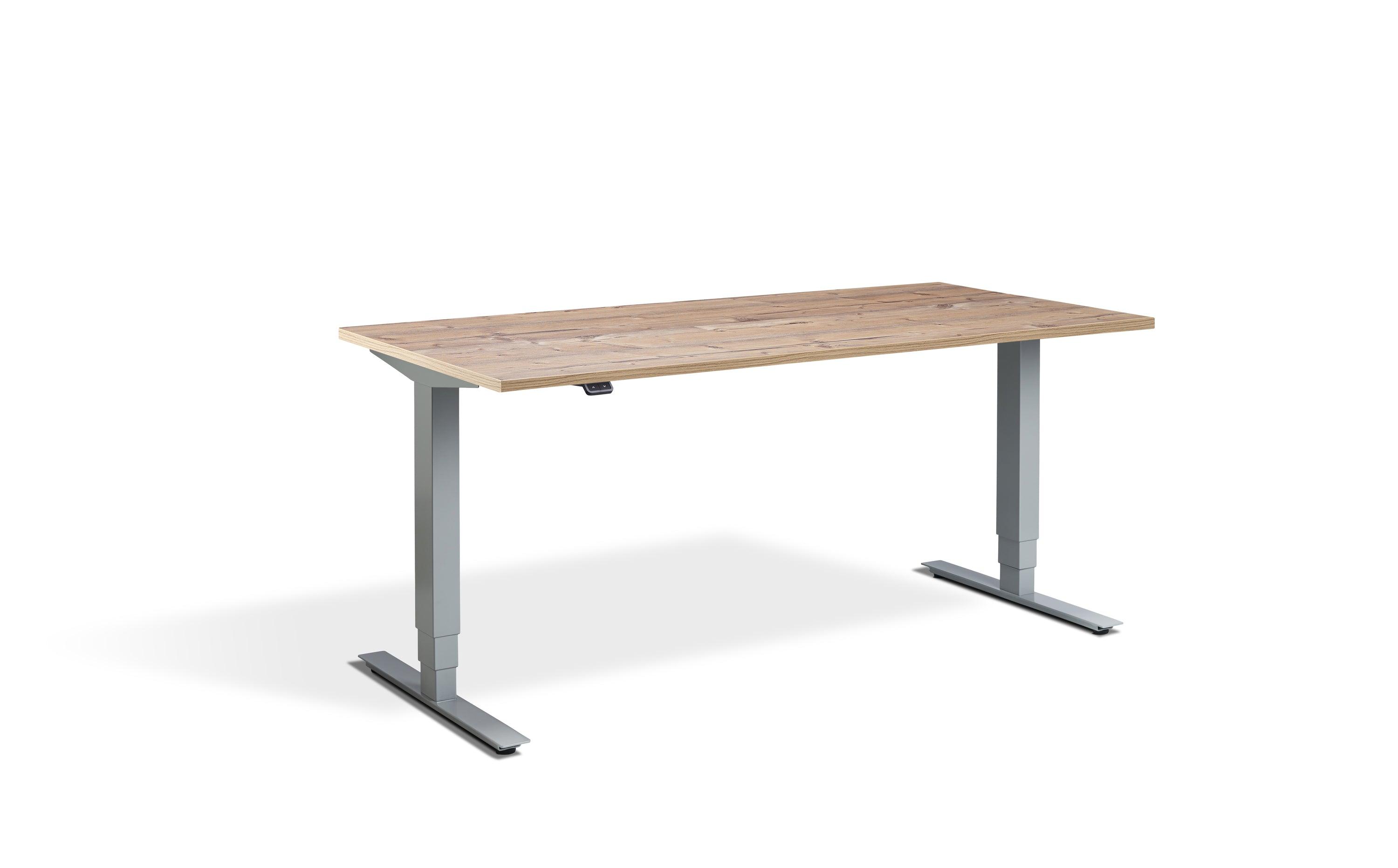 a wooden table with metal legs on a white background