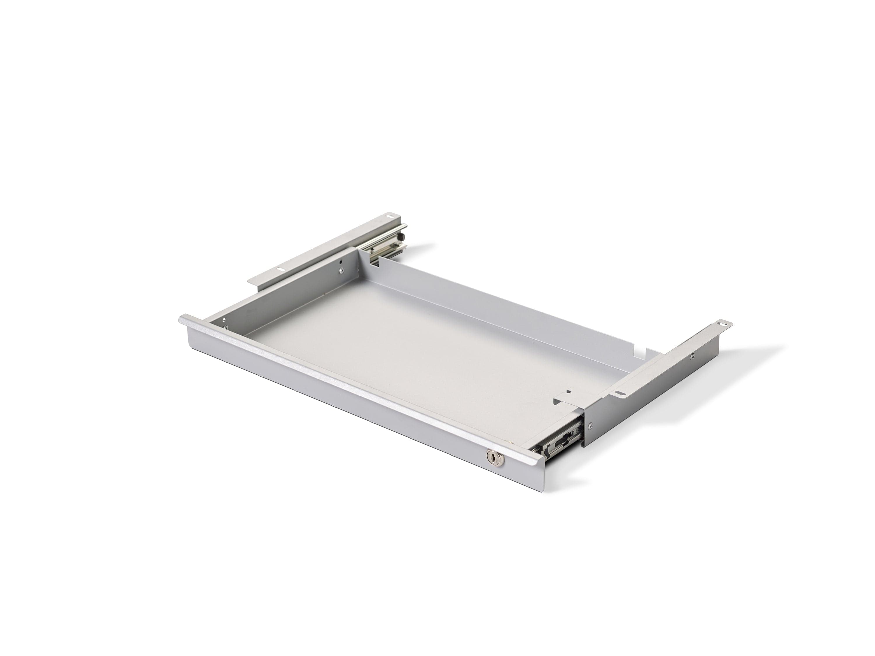 a metal drawer with a white background