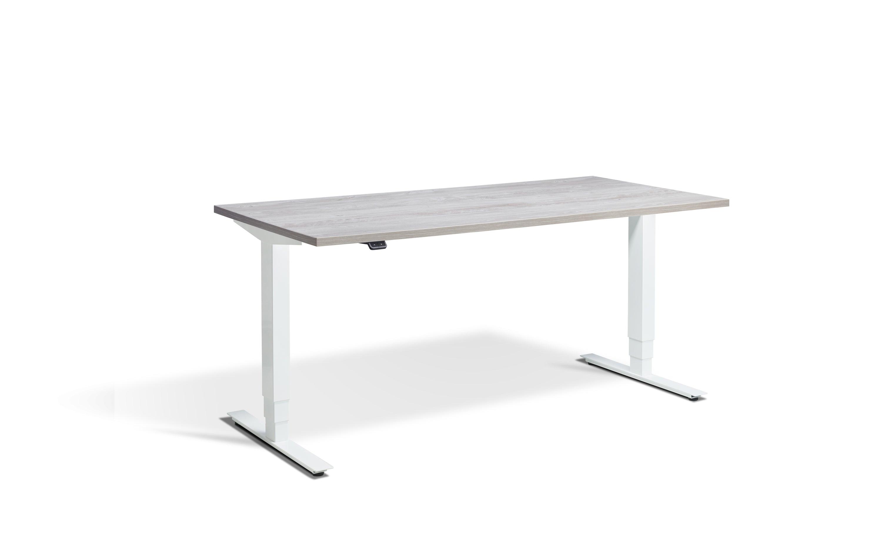 a white desk with a wooden top and metal legs