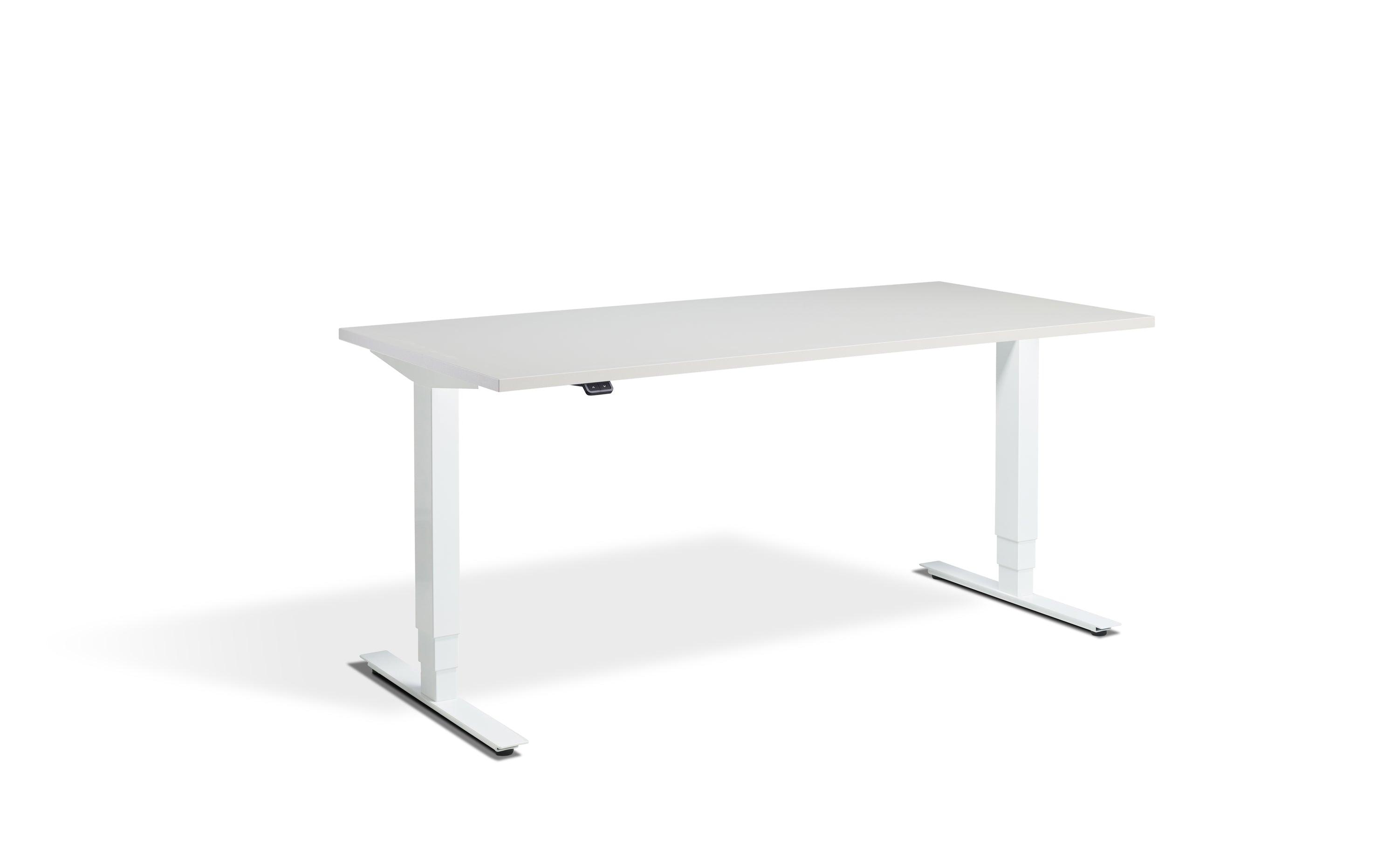 a white desk with a white top and silver legs