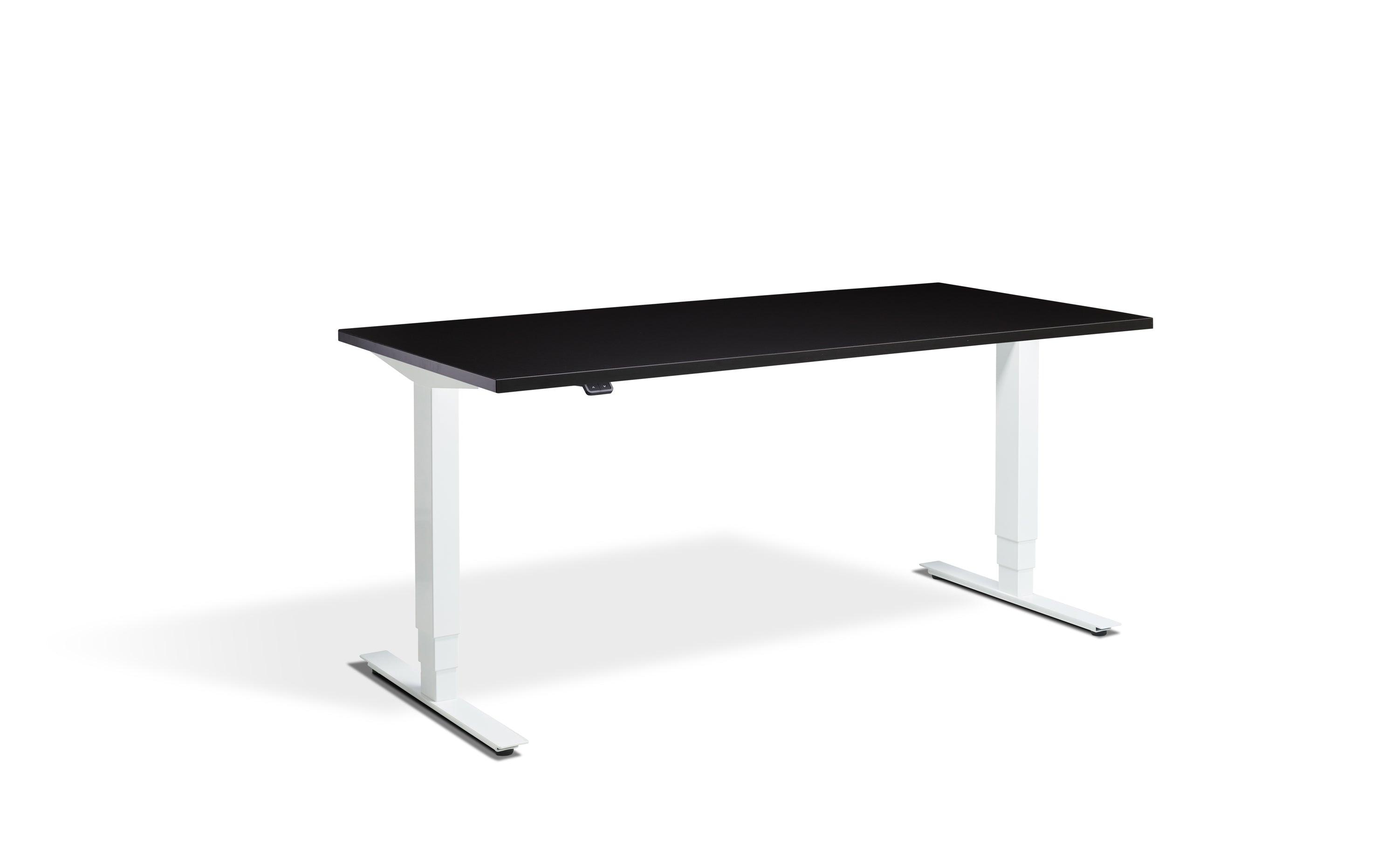 a computer desk with a black top and white legs