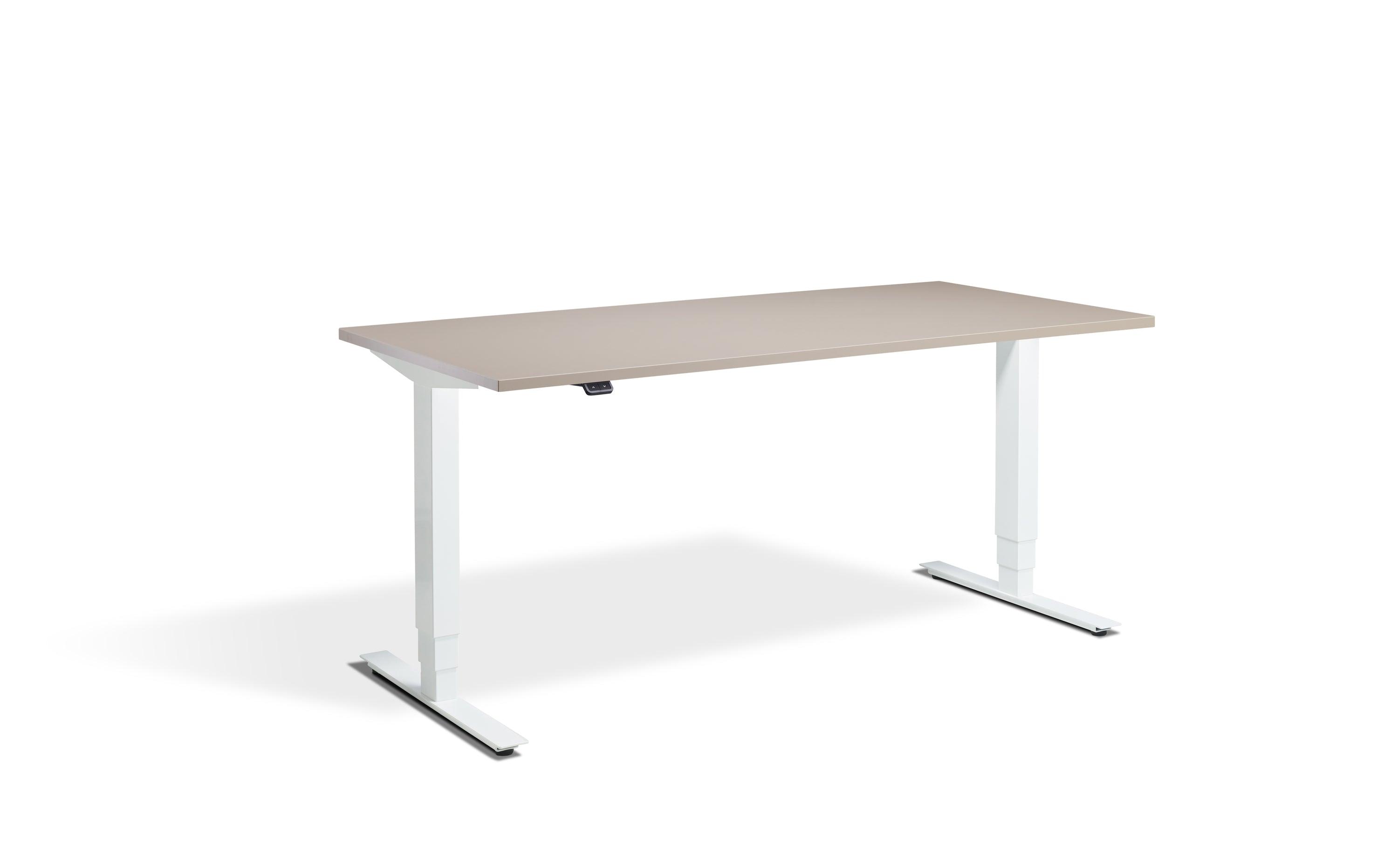 a desk with a white frame and a beige top