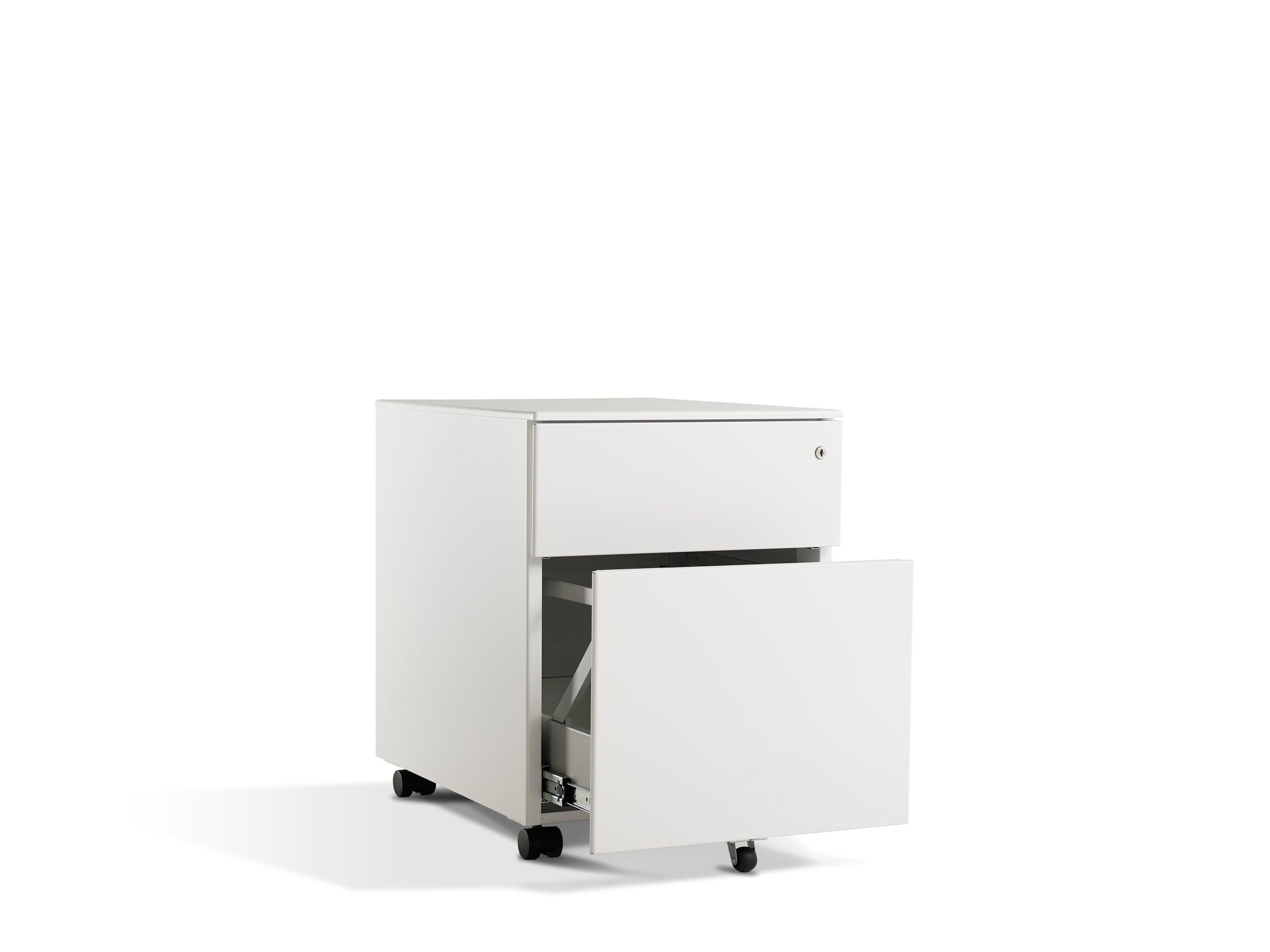 a white cabinet with a drawer on wheels